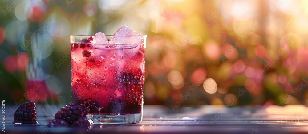 Poster A refreshing glass of iced blackberry lemonade sits on a table with a spacious area around it suitable for adding text or graphics known as a copy space image