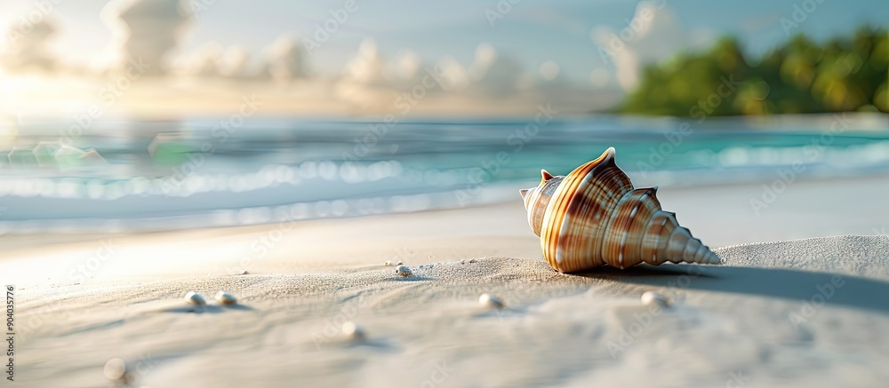 Poster beach shell on white sand with tropical seascape summer background providing a calming coastal atmos