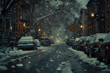 Fototapeta premium Snow falling on a quiet city street 