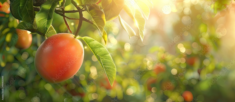 Aufkleber Red mango hanging from a tree branch with lush green leaves and a sunny background perfect for a copy space image