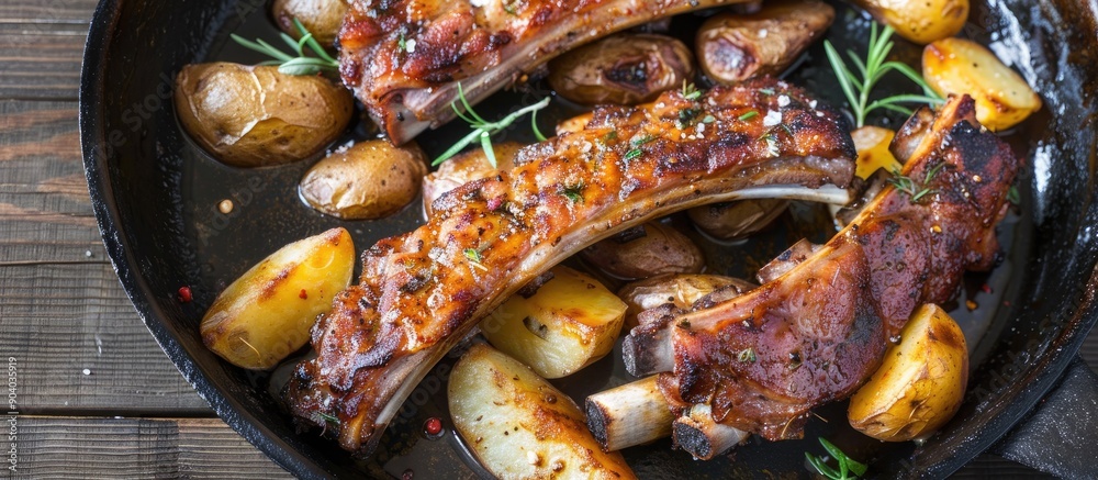 Poster Close up shot of fried pork ribs and potatoes in a frying pan with copy space image available