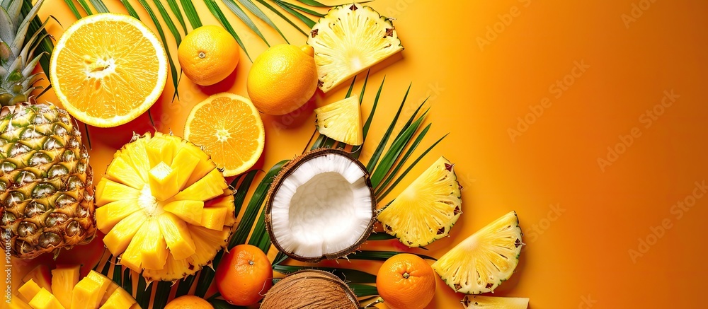 Poster juicy fruits like coconut pineapple and orange arranged nicely on a bright backdrop with ample copy 