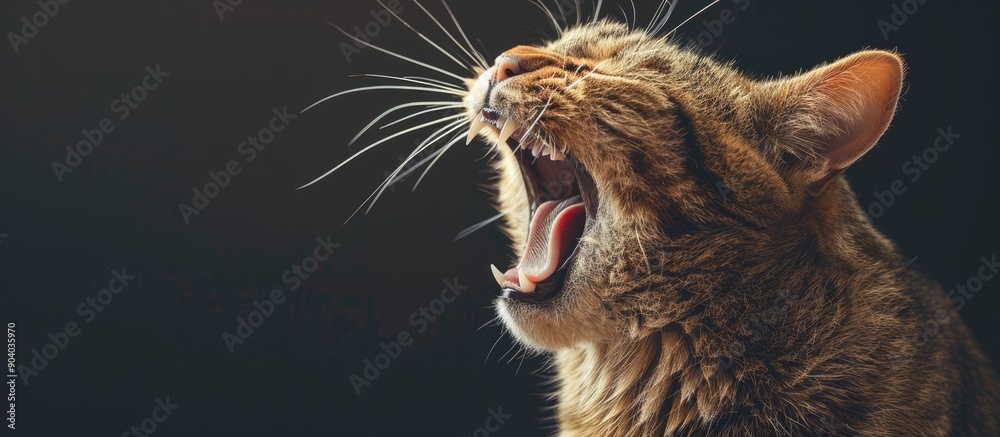 Poster Frightening feline with its wide yawn captured in a copy space image