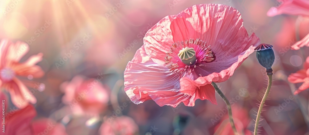 Poster close up of a vibrant pink poppy in full bloom against a sunny backdrop with copy space image