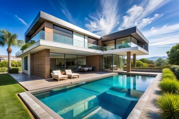 Fototapeta premium Luxurious modern house with sleek lines and minimalist design, featuring an inviting infinity pool surrounded by lush greenery and sunny blue skies.