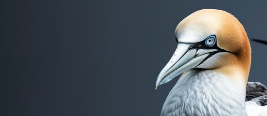 Close up image of a northern gannet with a copyspace to the side