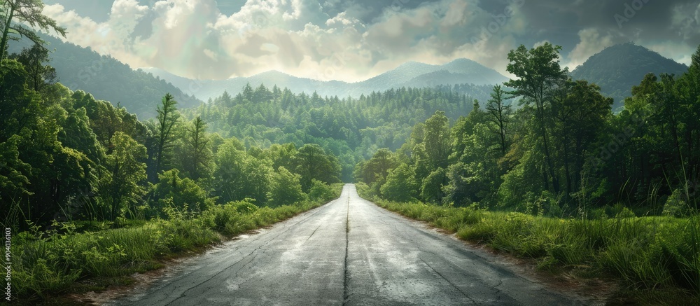 Poster Scenic country road surrounded by lush forest and mountains with space for inserting images. . image with copy space