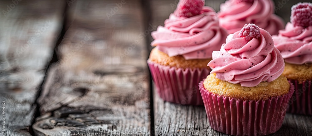 Poster Pink cupcakes displayed on a rustic wooden surface with ample copy space image