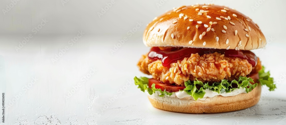 Poster tasty double chicken burger with salad sauce and a white background for copy space image