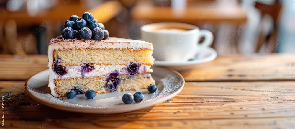 Poster Homemade blueberry butter cake on a plate with a latte in the background on a wooden table with copy space image