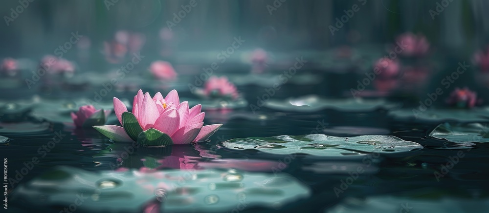 Poster gorgeous pink waterlily or lotus flower floating on a pond with copy space image