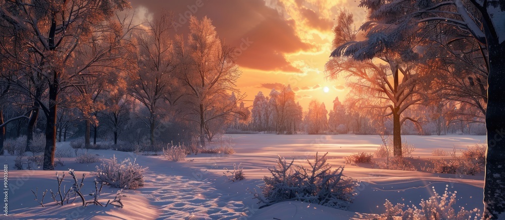 Aufkleber Sunset in a wintery forest a serene view with a tree lined horizon creating a tranquil atmosphere perfect for a copy space image