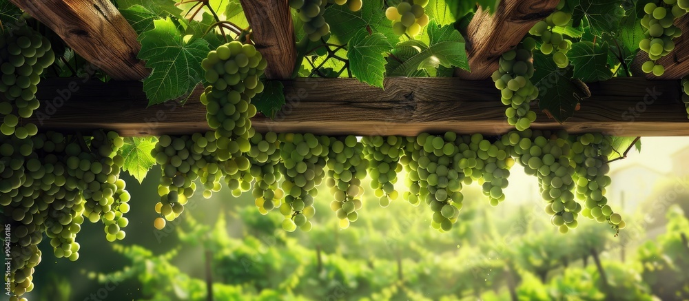 Poster a vineyard scenic with lush green grapes hanging elegantly on a wooden ceiling creates a serene sett