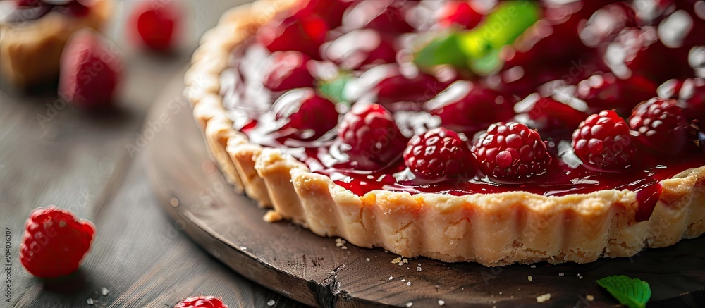 Poster Close up photo of a homemade cream cheese tart with raspberry jam focusing on specific details providing an area for additional text or graphics a copy space image