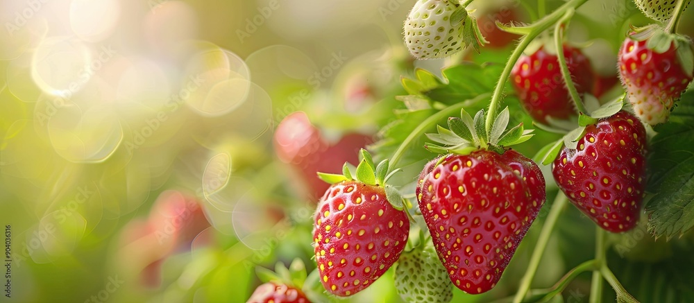 Poster Close up image of strawberries growing in a garden with copy space image
