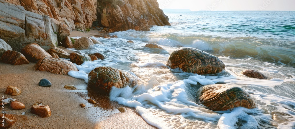 Aufkleber Scenic view of rocks waves and coastline on a beach with a wide copy space image