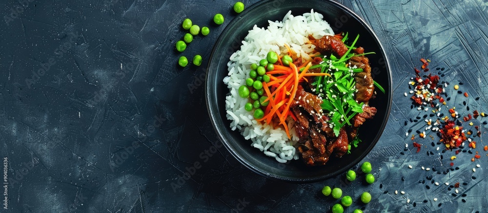 Poster japanese style rice and soybean beef dish in a copy space image