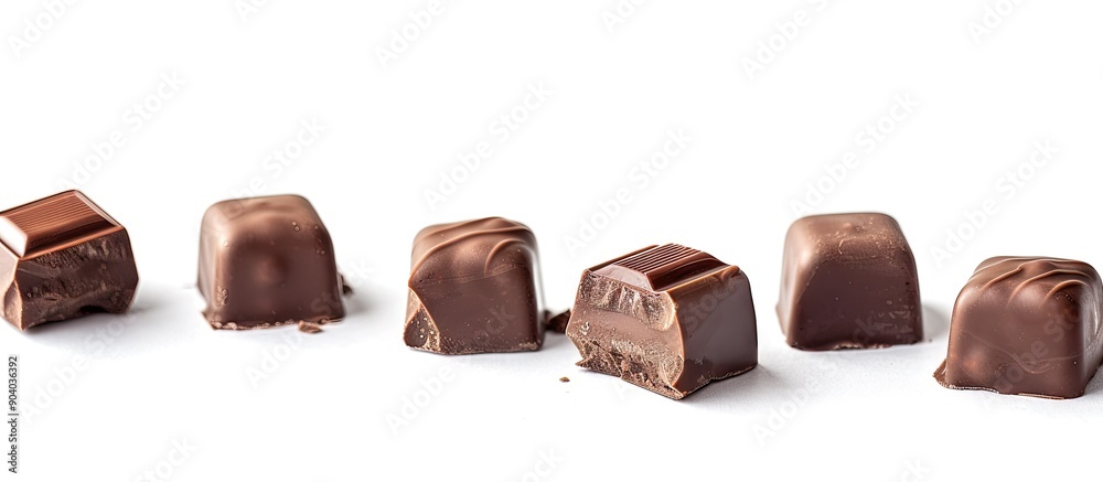 Poster seven pieces of chocolate on a white background professionally photographed with edited copy space i