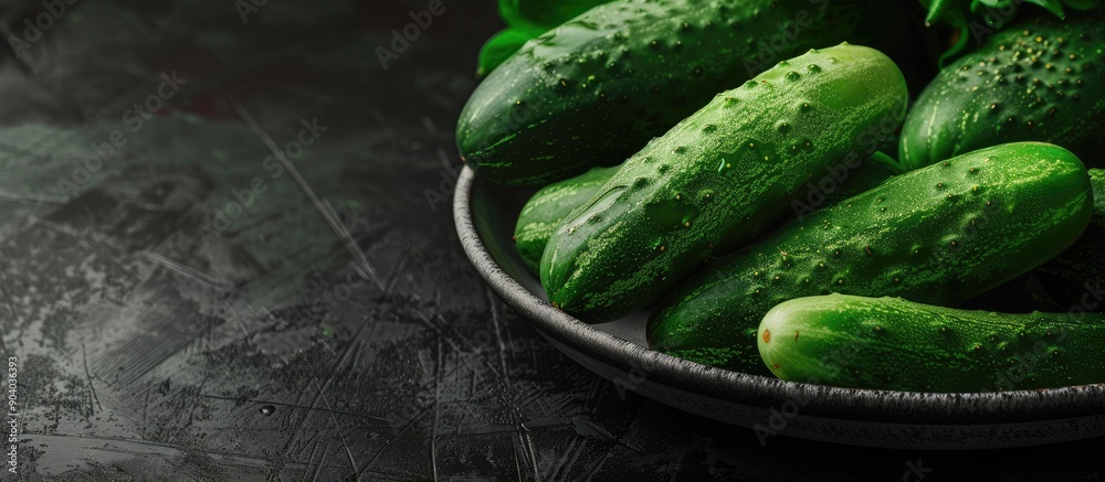 Poster Cucumbers in green color are arranged on a plate for preservation with a visible copy space image