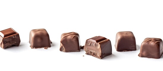 Obraz premium Seven pieces of chocolate on a white background professionally photographed with edited copy space image