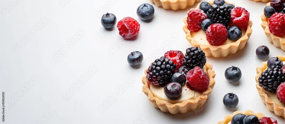 Poster Close up of mini tarts with berries on a white background with copy space image