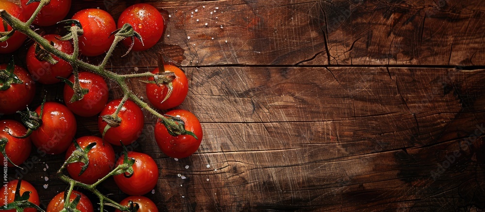 Poster cherry tomatoes arranged nicely on a wooden backdrop with copy space image