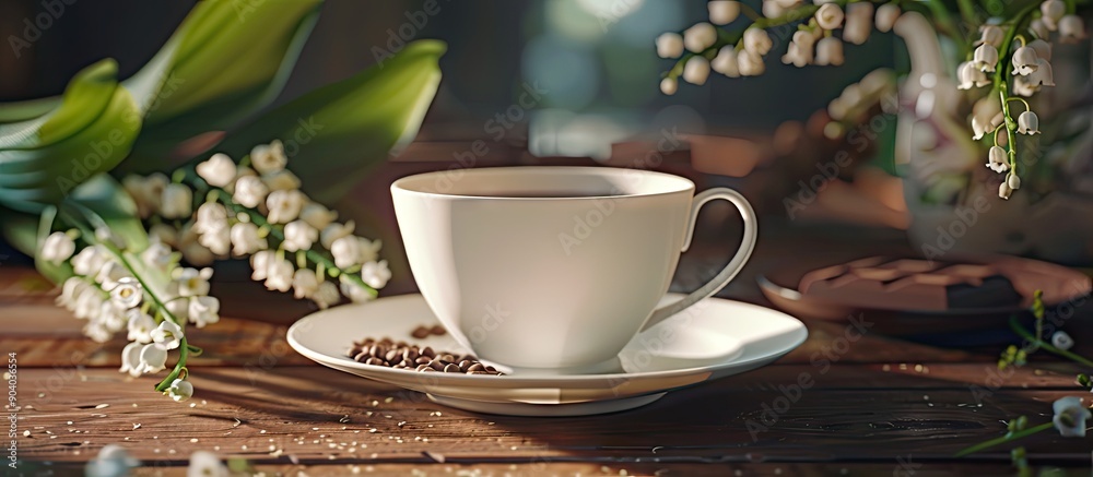 Aufkleber a white teacup sits on a saucer in the middle with lilies of the valley and chocolate in the backgro