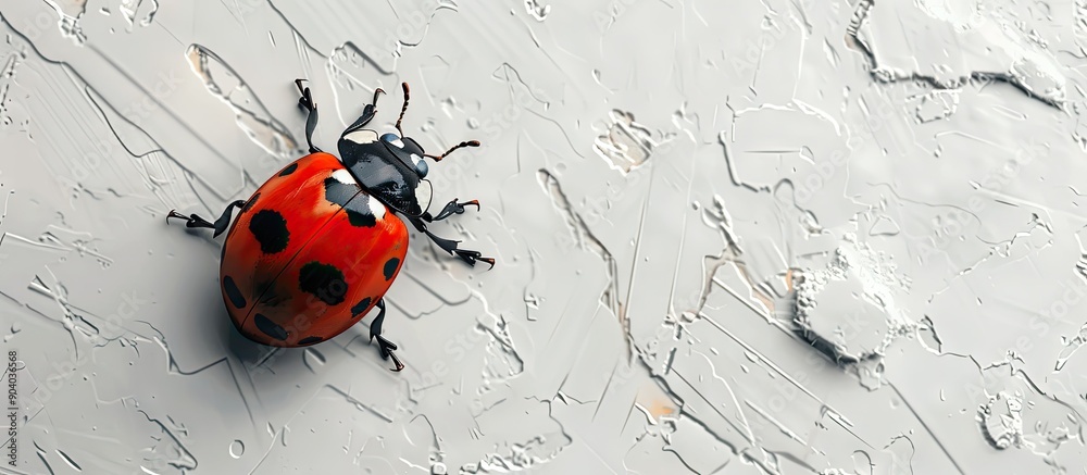 Poster black ladybug with red spots crawling on a white textured background providing copy space