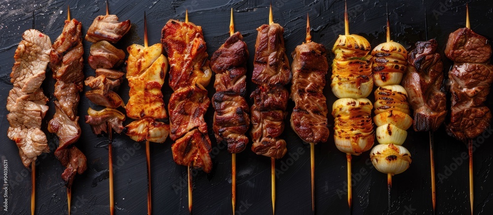 Poster authentic street food meat on skewers with copy space image