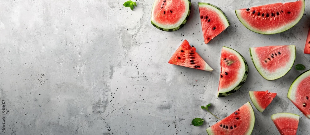Poster Watermelon slices displayed on a grey backdrop with copy space image