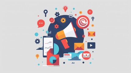 A colorful image of a large, red, and yellow megaphone with a variety of icons