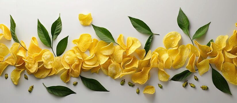 Assorted Karapincha chips and curry leaves in various sizes displayed on a white background with copy space image