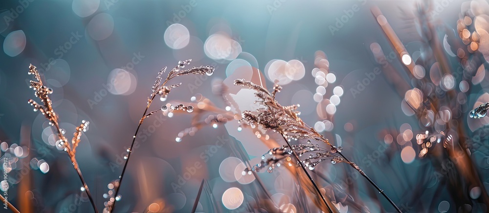 Poster Selective focus on a plant with blurred texture and dew drops in a shallow depth of field creating a serene and visually appealing image with copy space