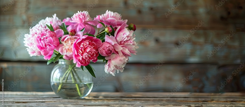 Poster a beautiful bouquet of peonies displayed in a clear glass vase on a rustic wooden table with copy sp