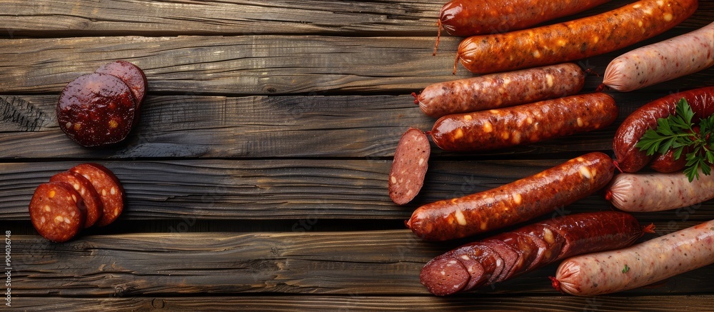 Poster various varieties of uncooked smoked sausages on a wooden backdrop with room for copy space image