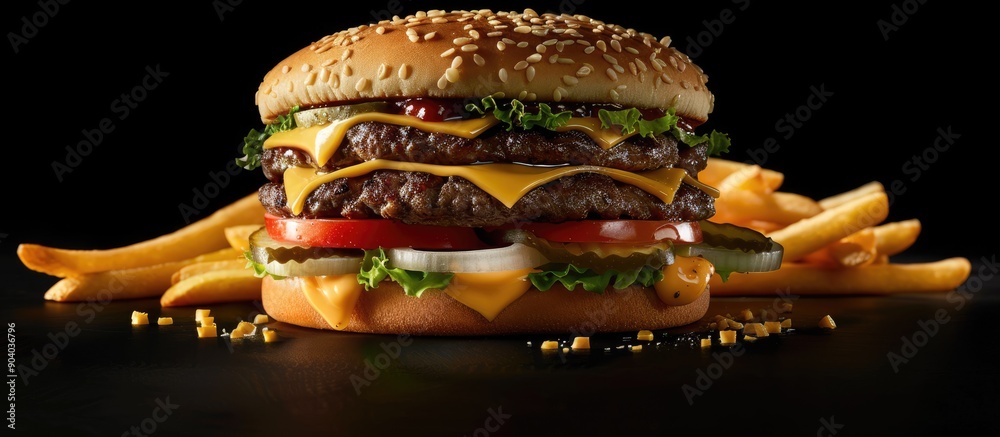 Poster a double burger with cheddar cheese onions tomatoes lettuce and fries on a black background with cop