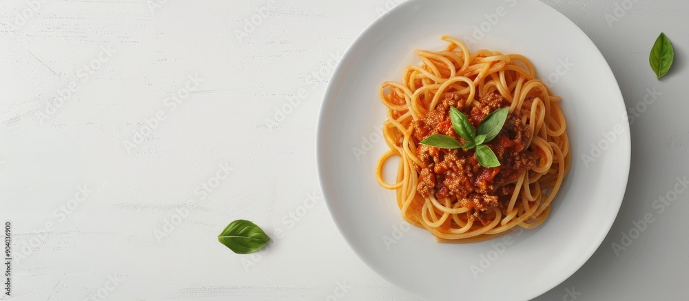 Poster a plate with spaghetti bolognese served elegantly with plenty of copy space image