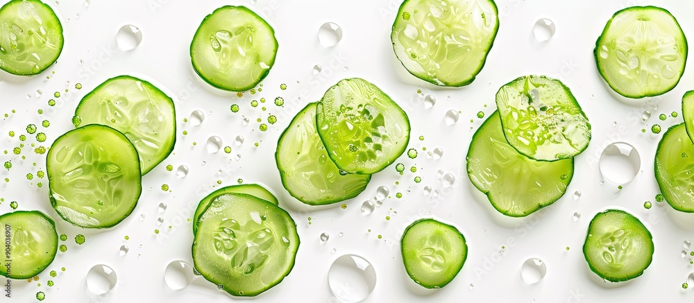 Poster A composition of cucumber slices with dew set against a white backdrop creating an isolated copy space image