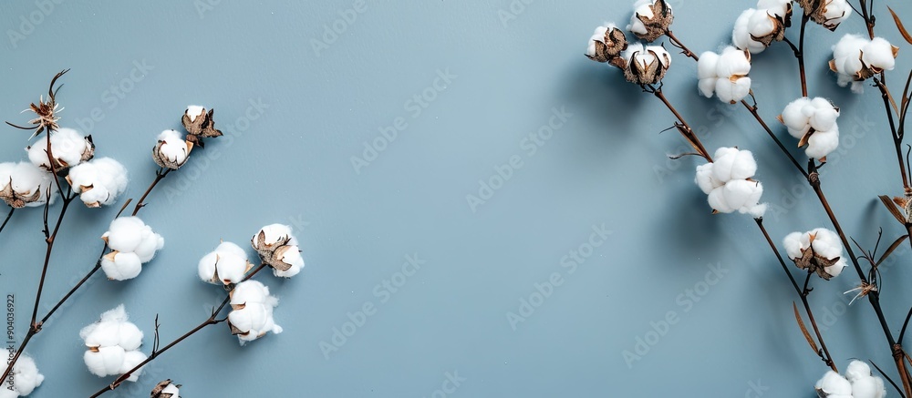 Poster cotton flowers on a blue backdrop with a close up view providing a copy space image