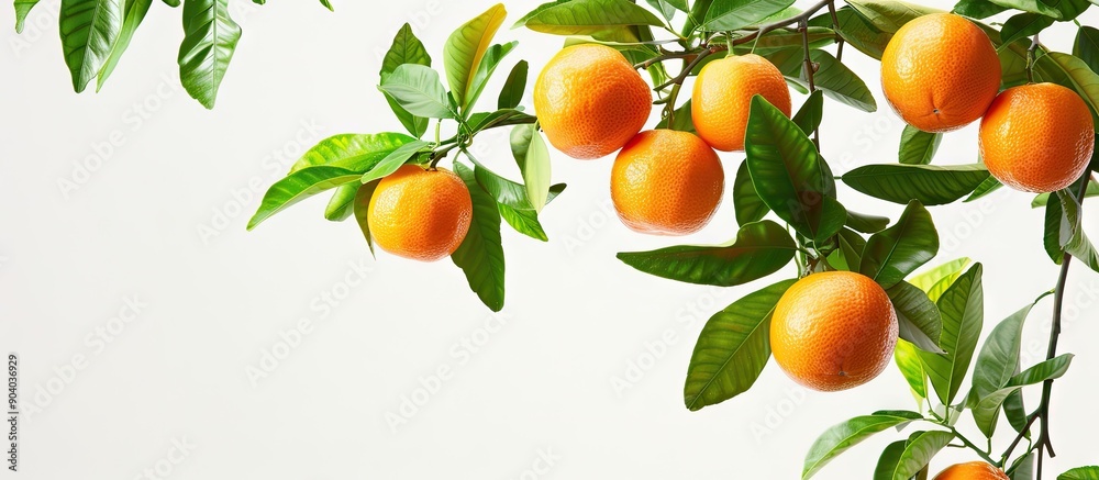 Poster Orange fruit hangs on a tree branch with green leaves against a white backdrop displaying empty space for text or images. . image with copy space