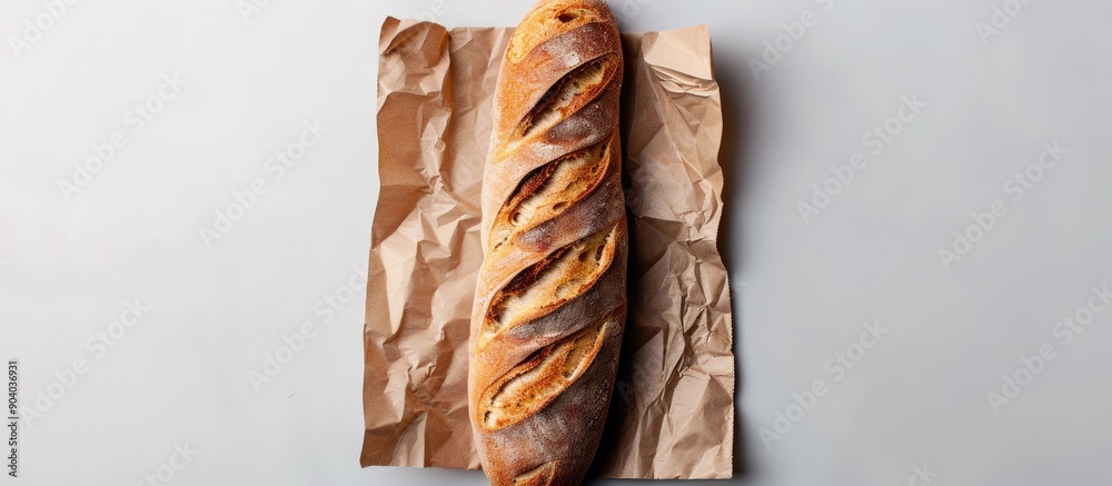 Aufkleber close up of a french baguette in a paper bag on a white background with copy space image