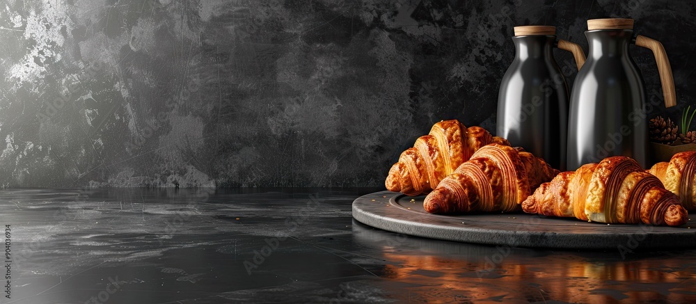 Poster french kitchen ambiance with freshly baked croissants on a sleek black table perfect for adding text