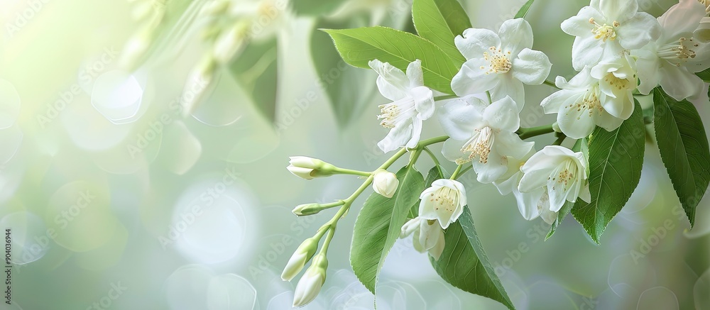 Aufkleber Nature presents a delicate branch of white jasmine spring flowers against a serene background with ample copy space image for text