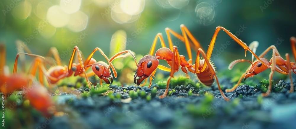 Aufkleber Red ants in nature working together and foraging for food shown in a close up with focus blur. . image with copy space