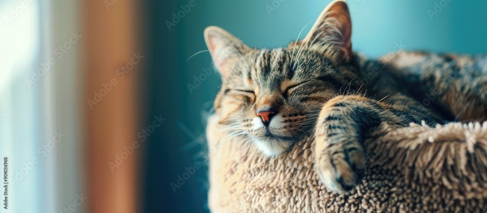 Aufkleber an adorable cat is seen lounging on a cat tree in a stunning copy space image