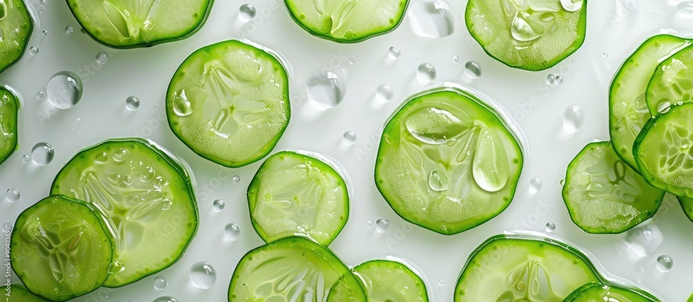 Poster A composition of cucumber slices with dew set against a white backdrop creating an isolated copy space image