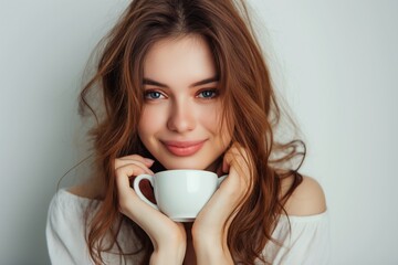 Young woman holding a cup of cappuccino, enjoying a peaceful morning indoors.