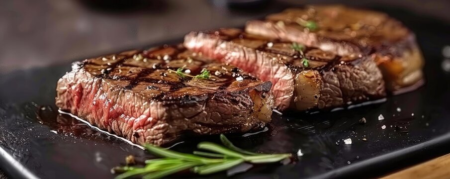 Close-up of a perfectly seared medium-rare steak on a black plate, garnished with rosemary and lightly seasoned with salt.