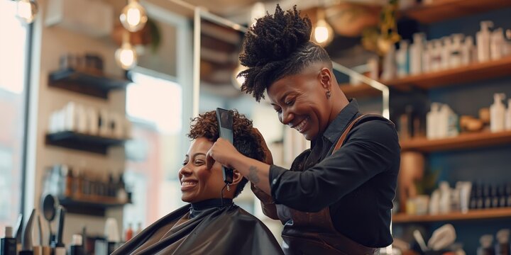 A hairstylist and client laugh together during a haircut session in an African hairdressing salon.
