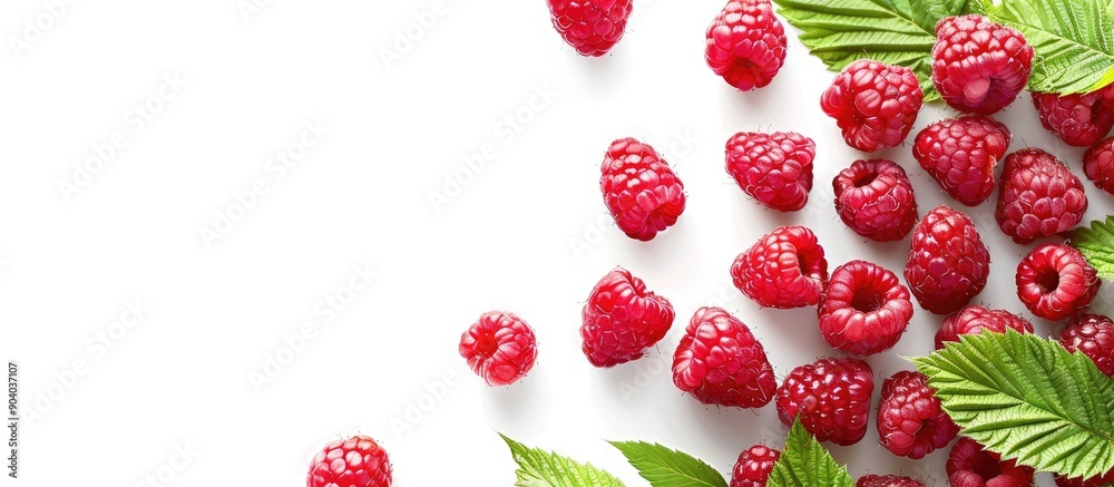 Poster fresh ripe raspberry with green leaf on white background perfect as a copy space image